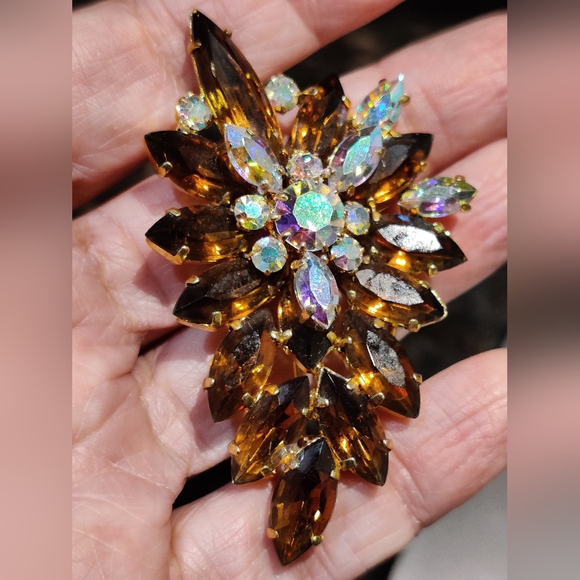 Vintage 60s Amber Glass Crystal Brooch - Picture 5 of 15